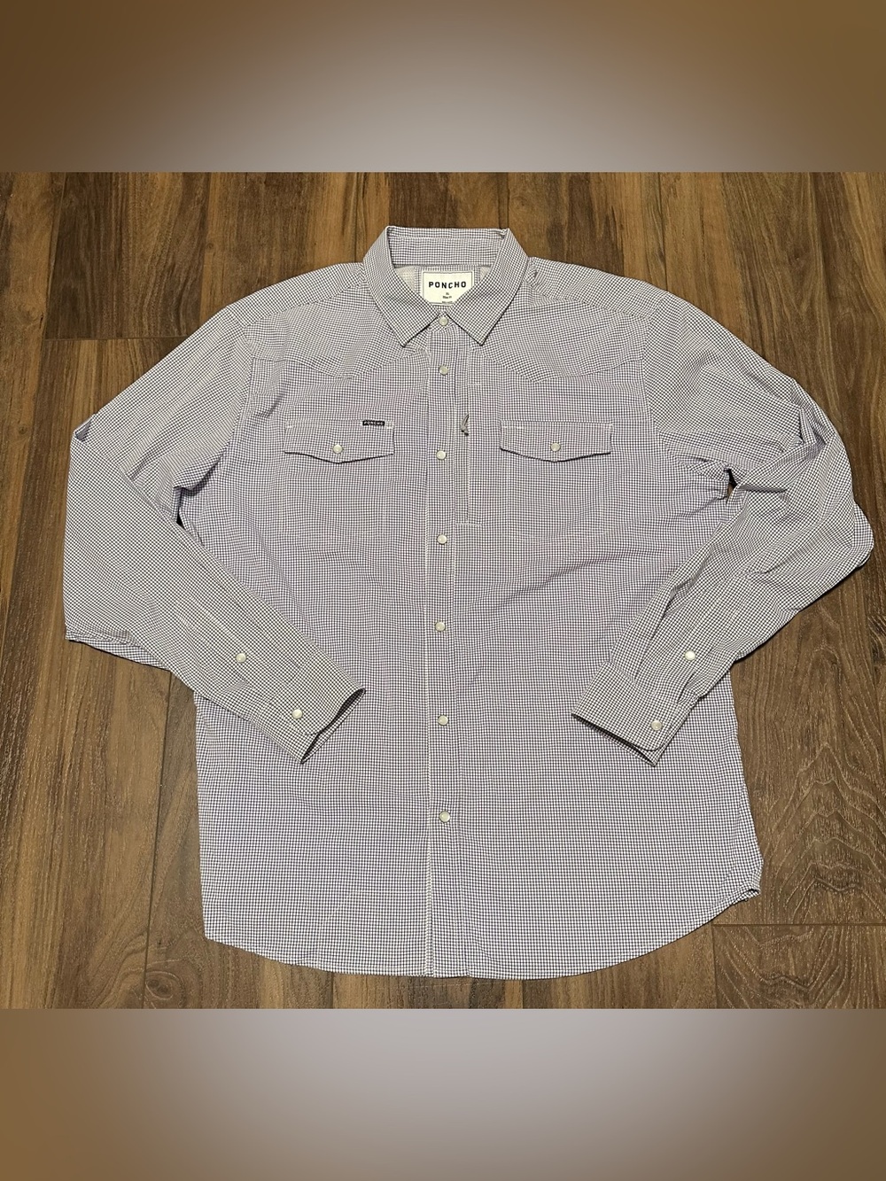 Poncho The Nueces Blue Microcheck Long Sleeve Pearl Snap Western Shirt Men’s XL